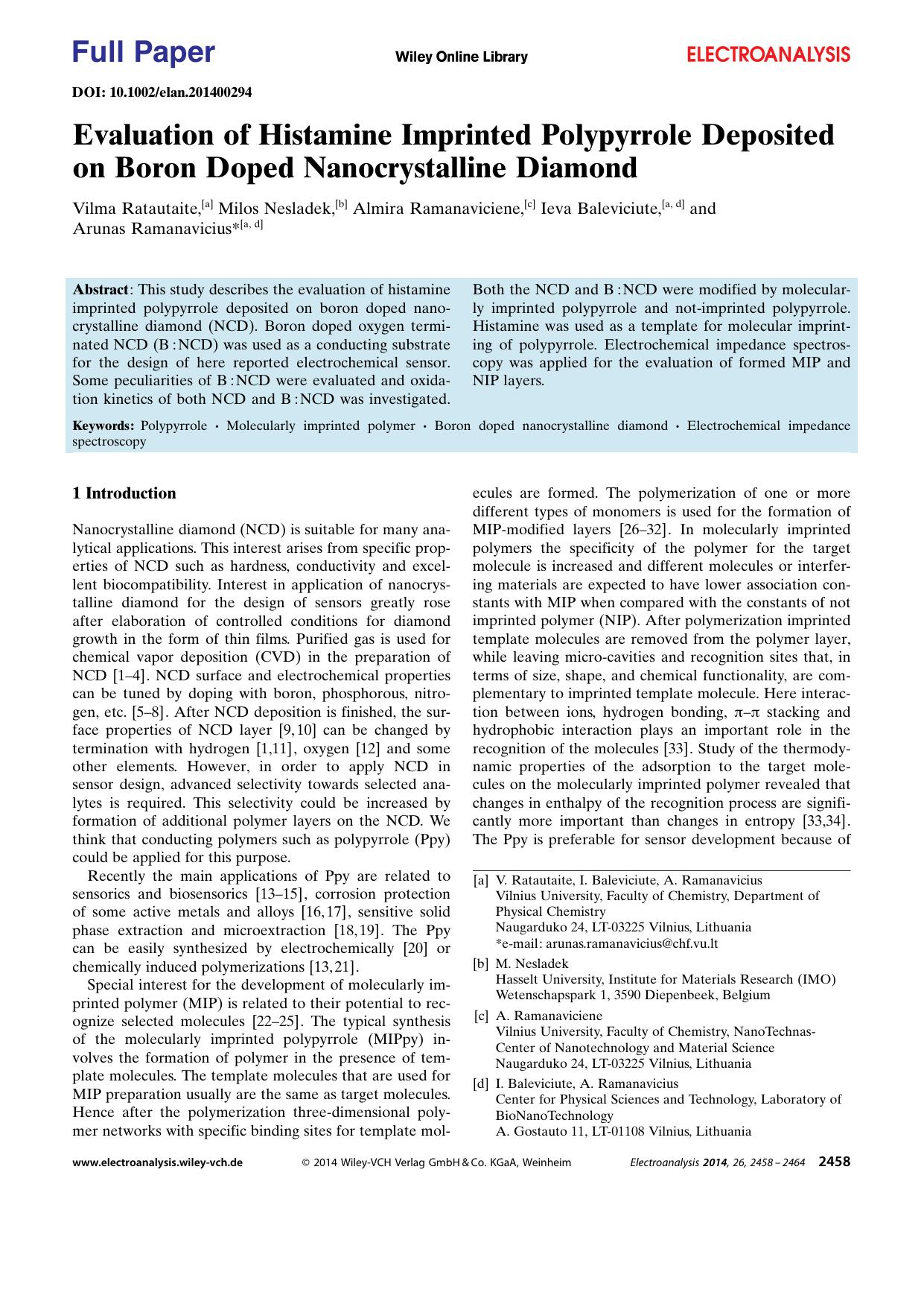 Evaluation of Histamine Imprinted Polypyrrole Deposited on Boron Doped Nanocrystalline Diamond by Unknown