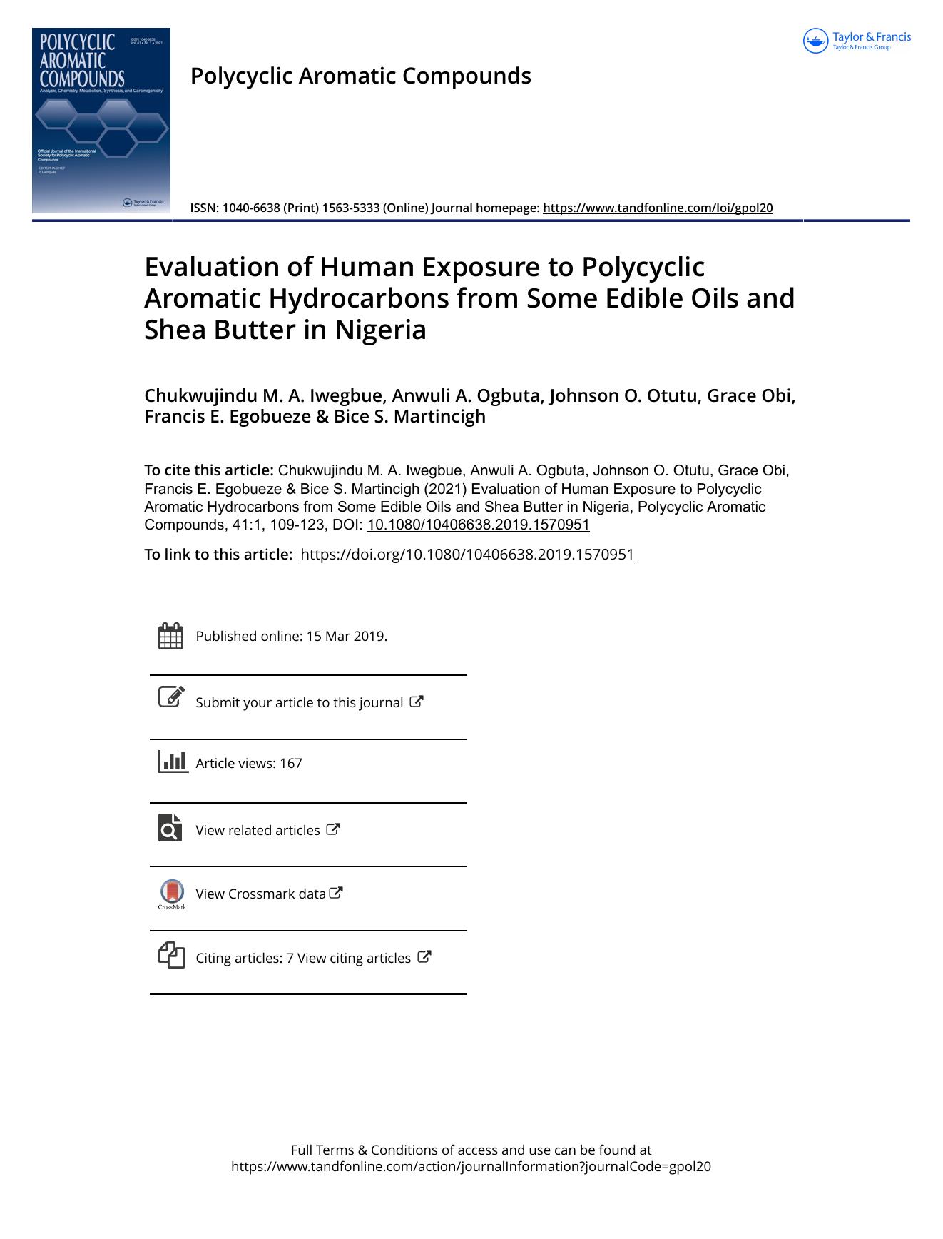 Evaluation of Human Exposure to Polycyclic Aromatic Hydrocarbons from Some Edible Oils and Shea Butter in Nigeria by unknow