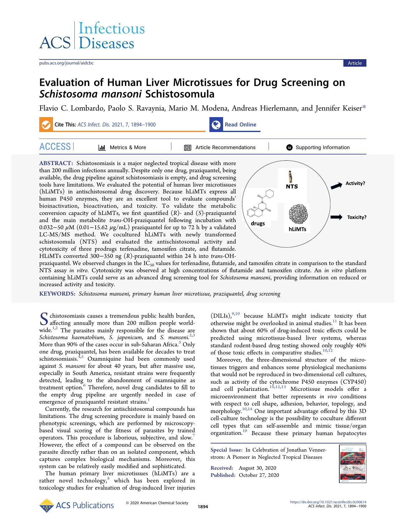 Evaluation of Human Liver Microtissues for Drug Screening on Schistosoma mansoni Schistosomula by Flavio C. Lombardo Paolo S. Ravaynia Mario M. Modena Andreas Hierlemann and Jennifer Keiser