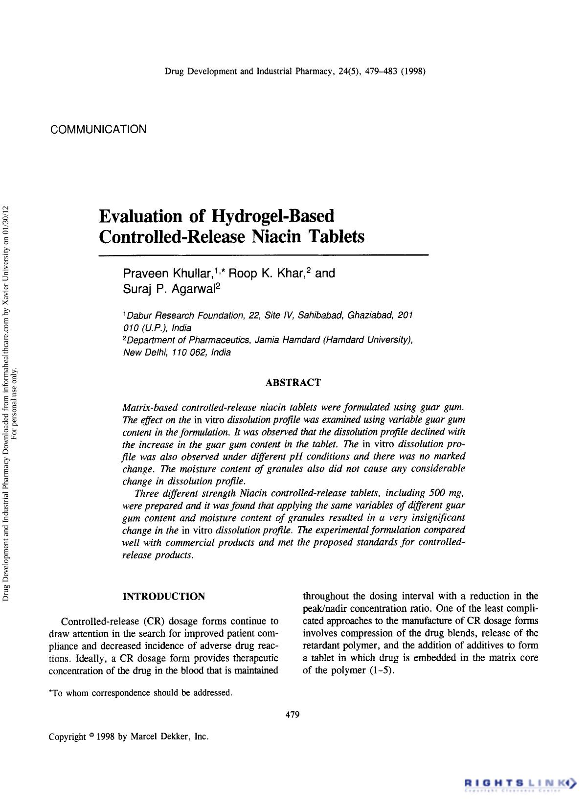Evaluation of Hydrogel-Based Controlled-Release Niacin Tablets by Praveen Khullar Roop K. Khar & Suraj P. Agarwal