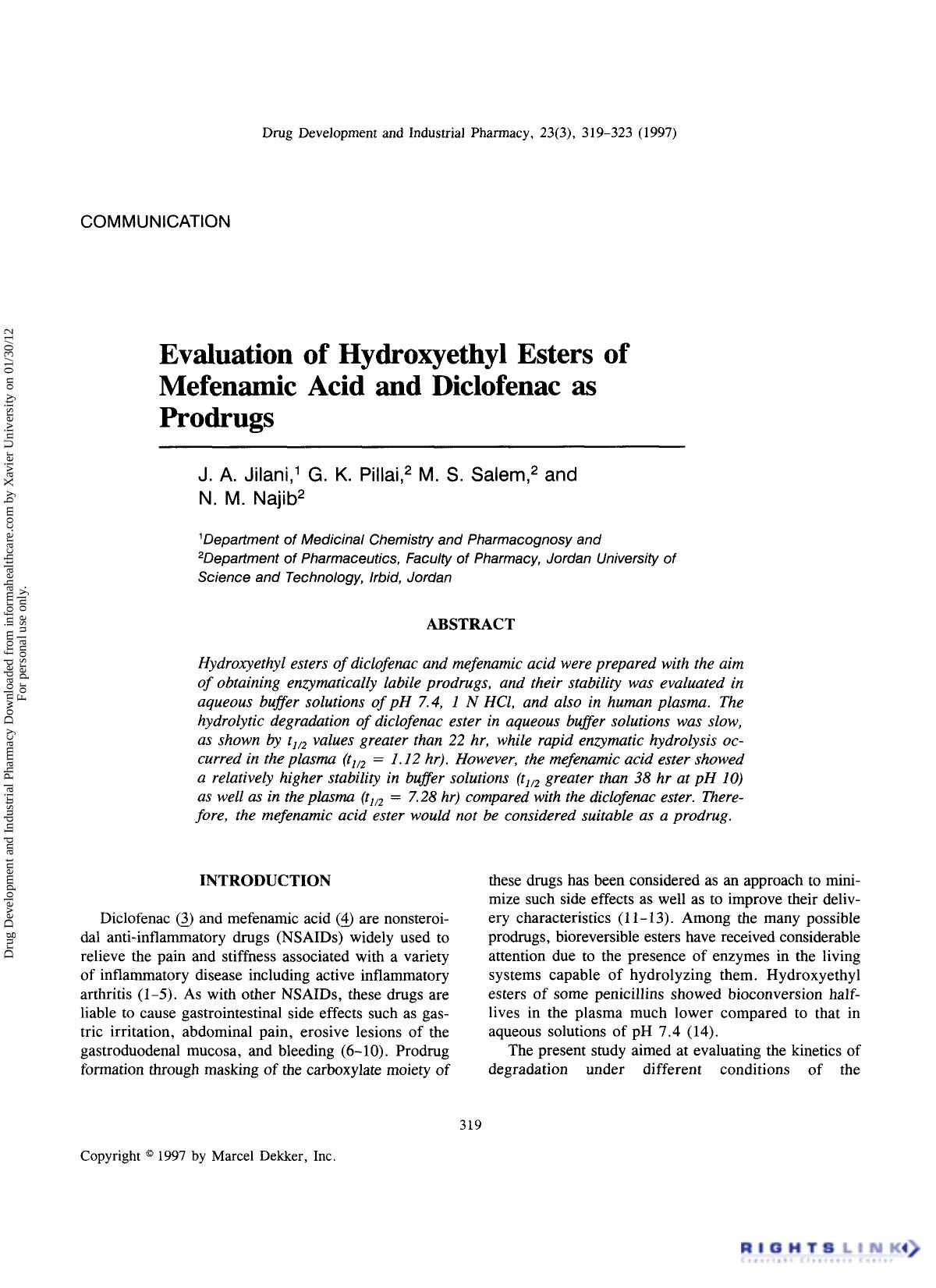 Evaluation of Hydroxyethyl Esters of Mefenamic Acid and Diclofenac as Prodrugs by J. A. Jilani G. K. Pillai M. S. Salem & N. M. Najib