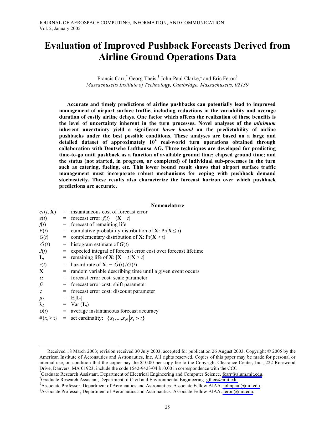 Evaluation of Improved Pushback Forecasts Derived from Airline Ground Operations Data by Carr et al