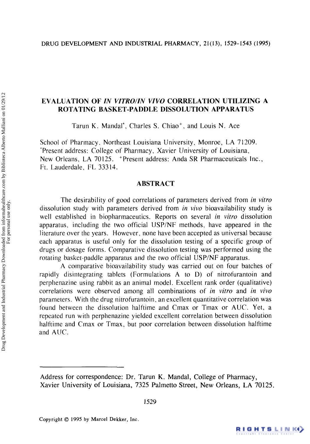 Evaluation of In VitroIn Vivo Correlation Utilizing a Rotating Basket-Paddle Dissolution Apparatus by Tarun K. Mandal Charles S. Chiao & Louis N. Ace