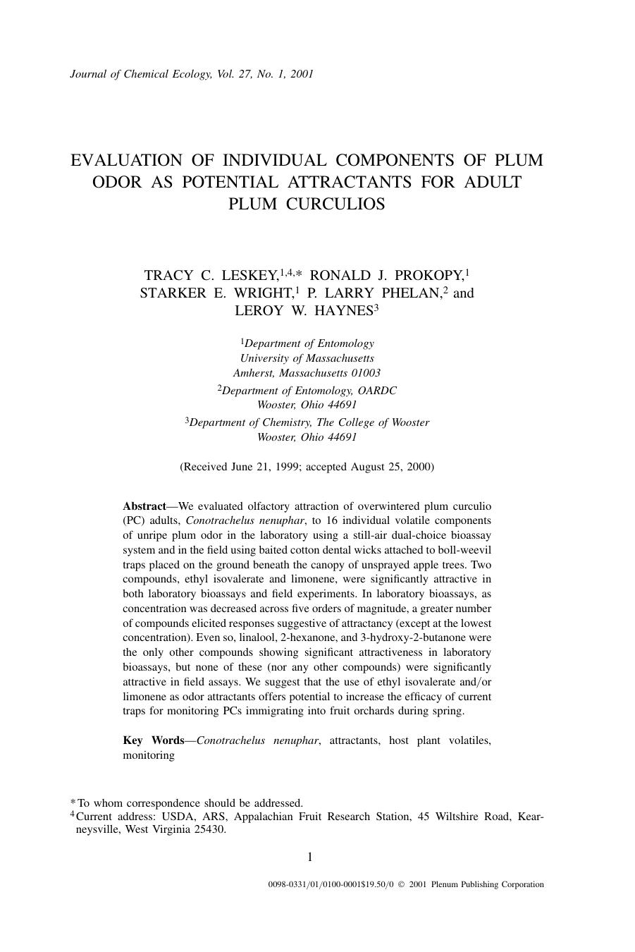 Evaluation of Individual Components of Plum Odor As Potential Attractants for Adult Plum Curculios by Unknown