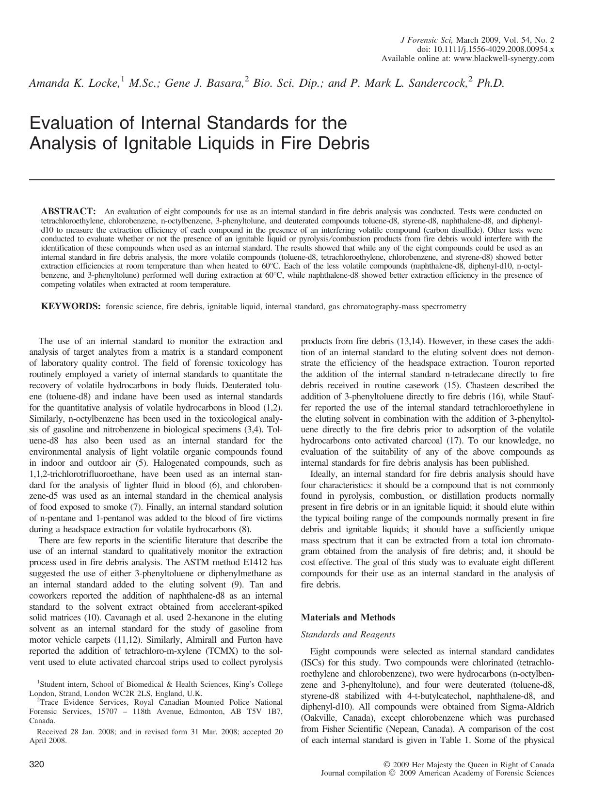 Evaluation of Internal Standards for the Analysis of Ignitable Liquids in Fire Debris by Unknown