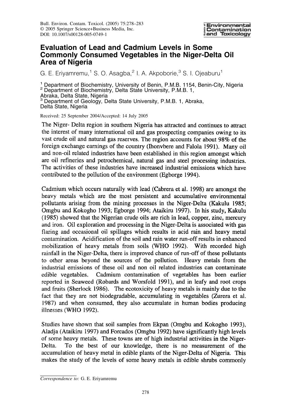 Evaluation of Lead and Cadmium Levels in Some by Eriyamremu G. E. et al