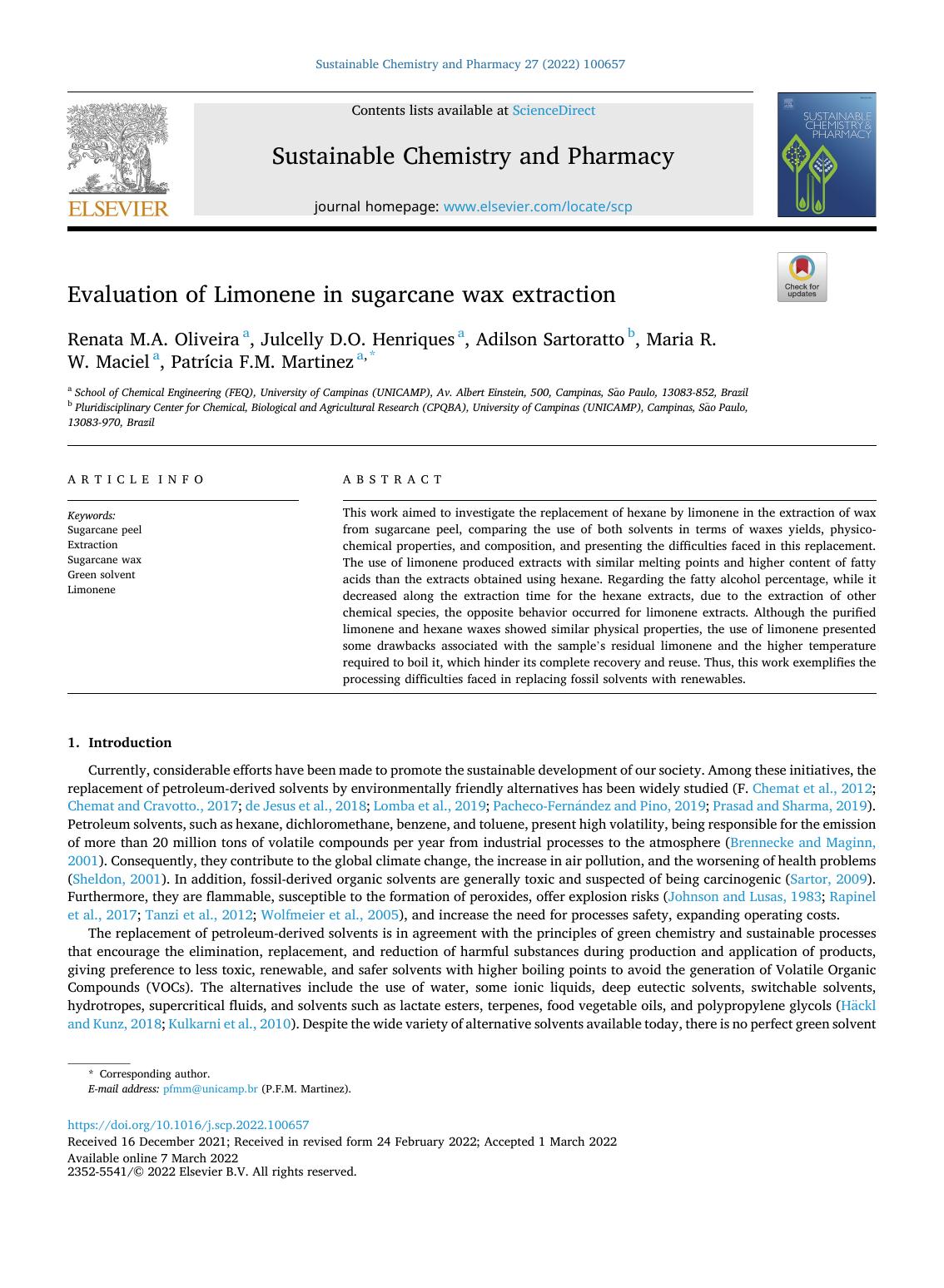 Evaluation of Limonene in sugarcane wax extraction by Renata M.A. Oliveira