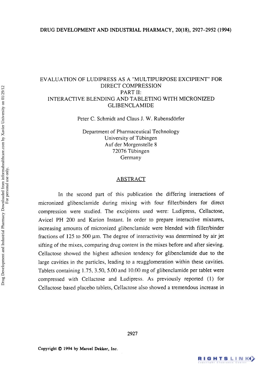 Evaluation of Ludipress as a âMultipurpose Excipientâ for Direct Compression: Part II: Interactive Blending and Tableting with Micronized Glibenclamide by Peter C. Schmidt & Claus J. W. Rubensdörfer