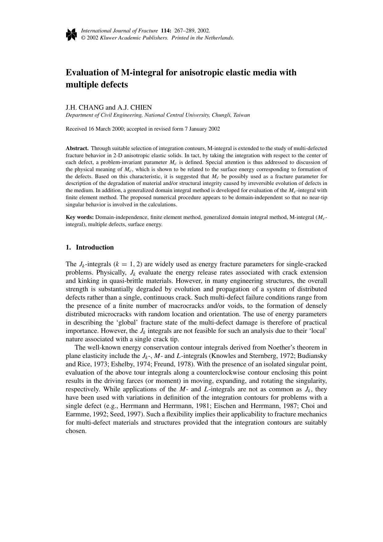 Evaluation of M-integral for anisotropic elastic media with multiple defects by Unknown