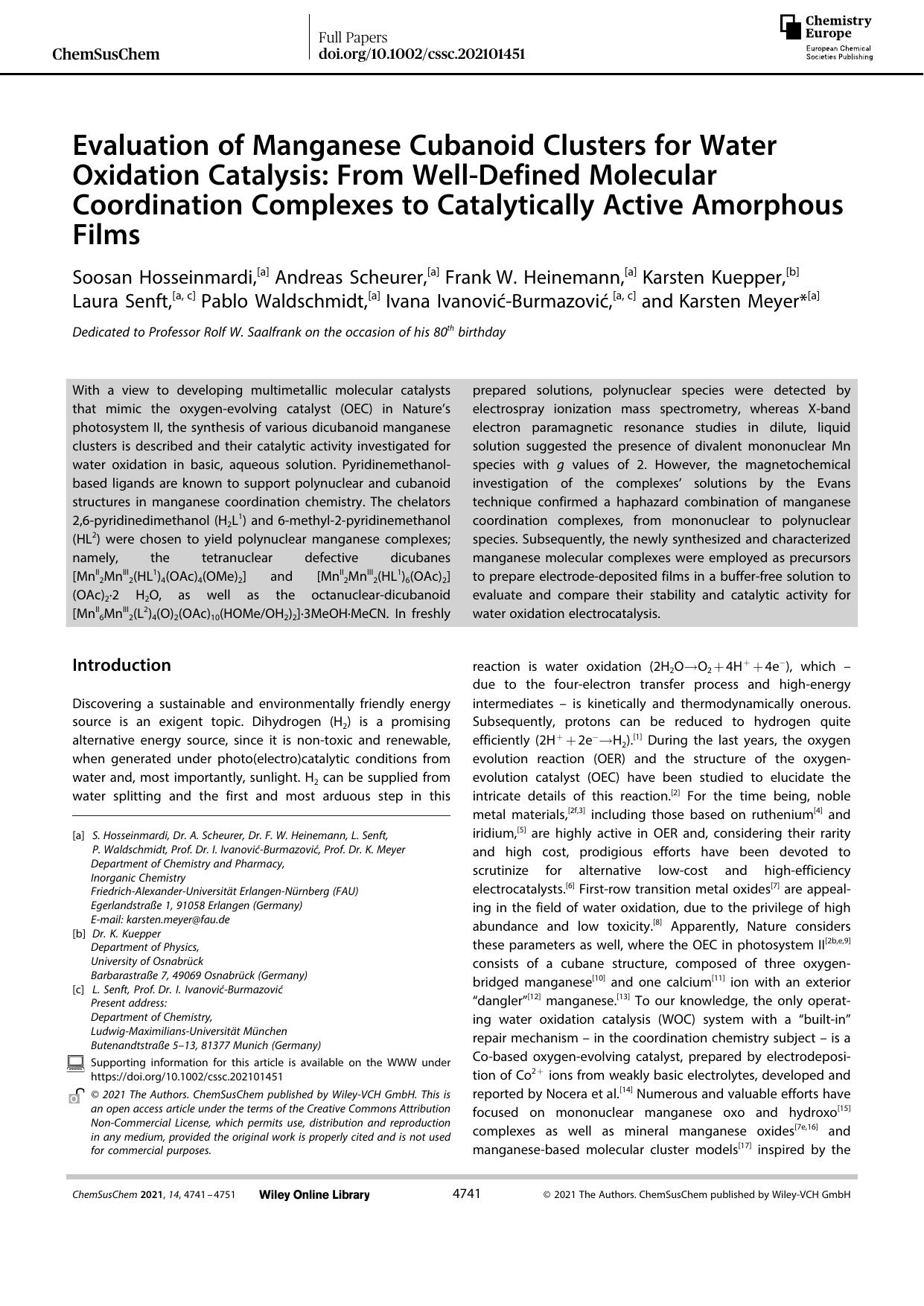 Evaluation of Manganese Cubanoid Clusters for Water Oxidation Catalysis: From WellâDefined Molecular Coordination Complexes to Catalytically Active Amorphous Films by Unknown
