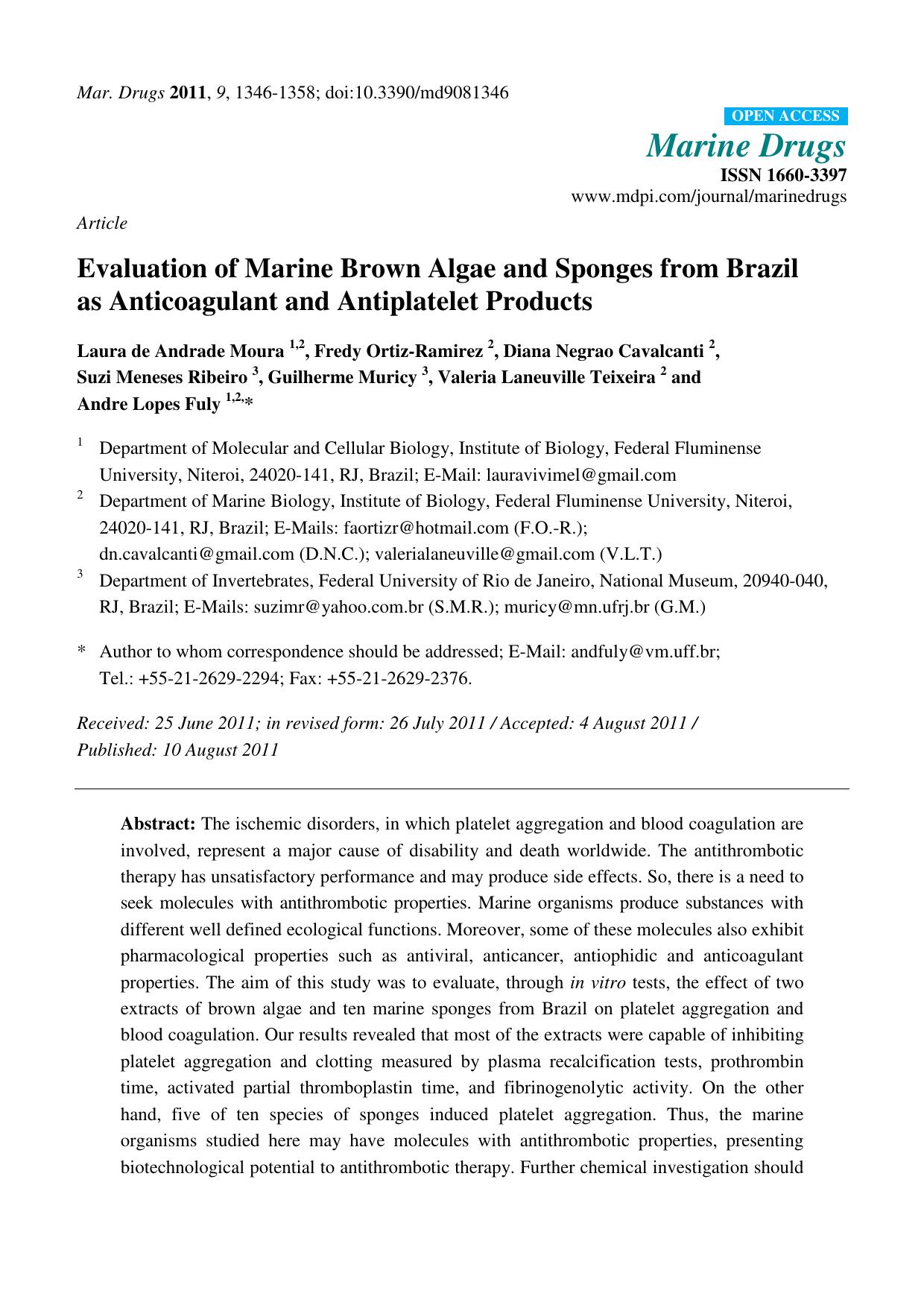 Evaluation of Marine Brown Algae and Sponges from Brazil as Anticoagulant and Antiplatelet Products by unknow