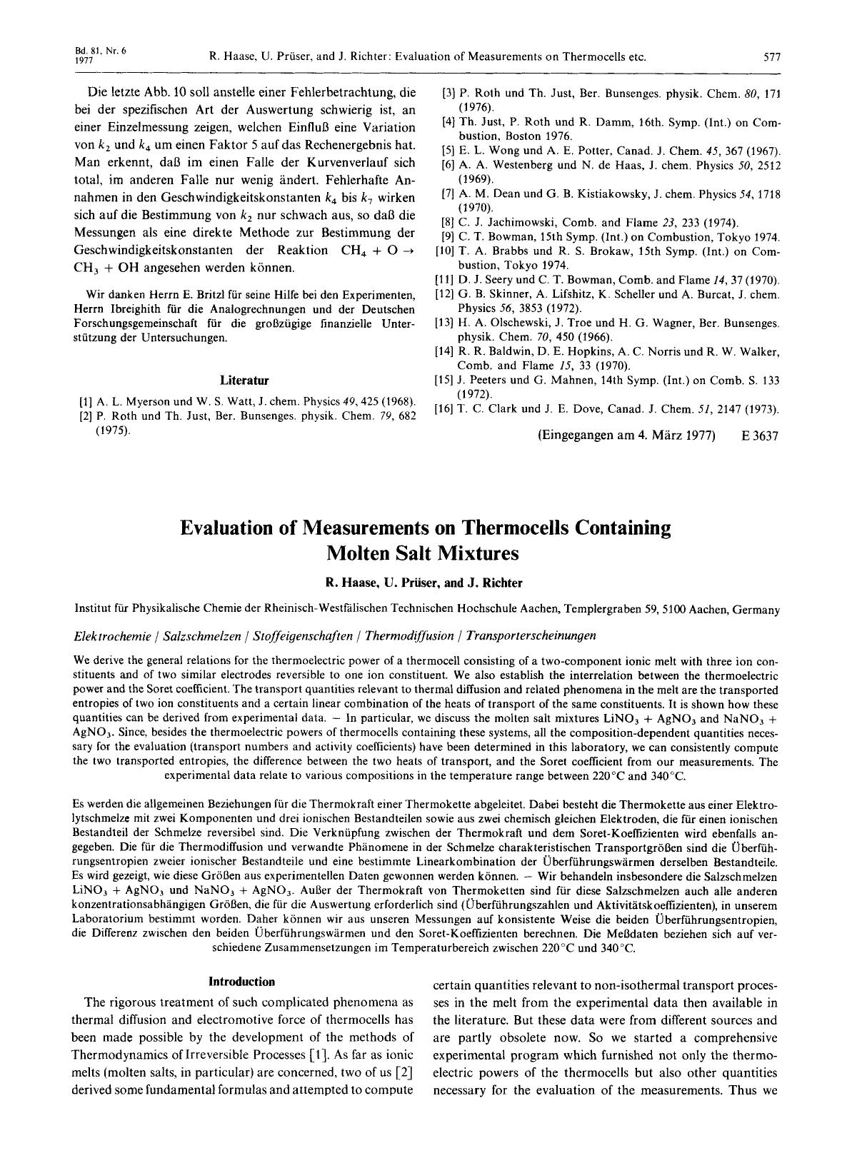 Evaluation of Measurements on Thermocells Containing Molten Salt Mixtures by Unknown