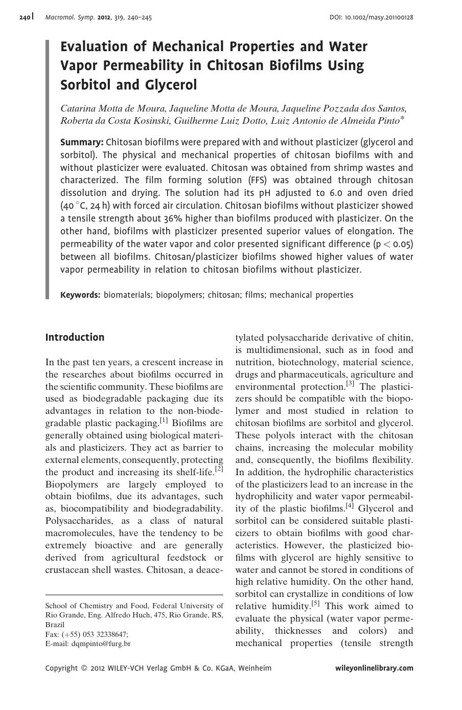 Evaluation of Mechanical Properties and Water Vapor Permeability in Chitosan Biofilms Using Sorbitol and Glycerol by Unknown