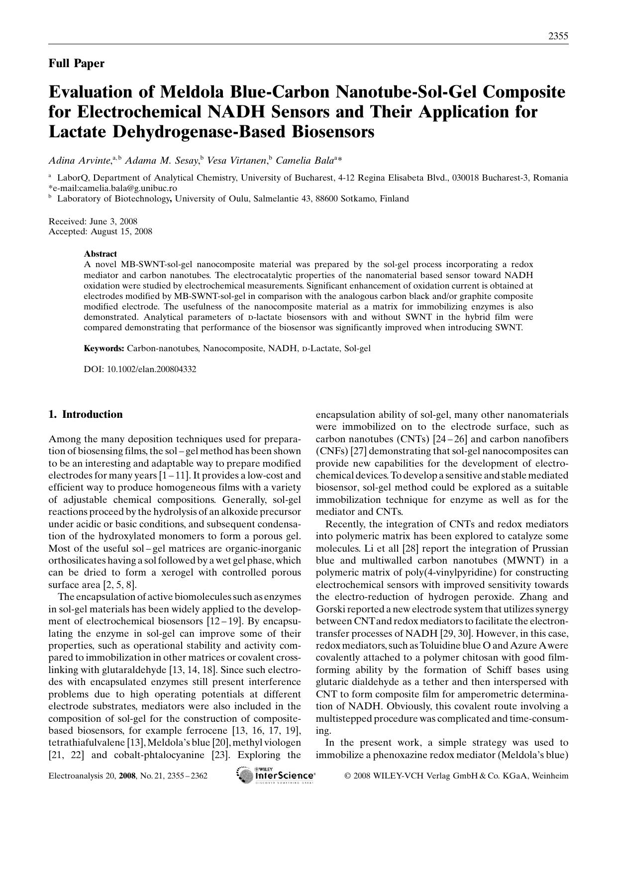 Evaluation of Meldola Blue-Carbon Nanotube-Sol-Gel Composite for Electrochemical NADH Sensors and Their Application for Lactate Dehydrogenase-Based Biosensors by Unknown