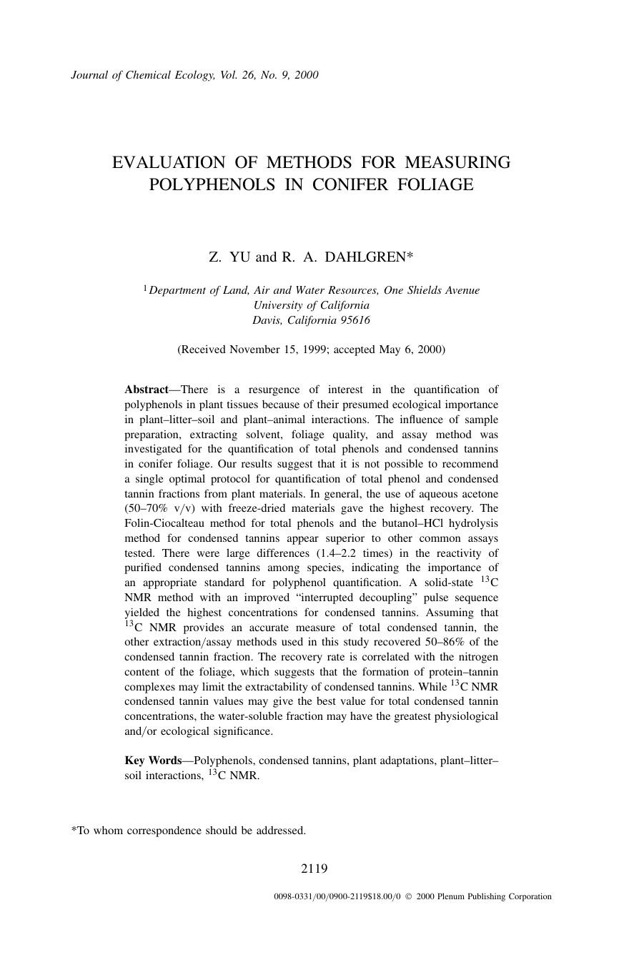 Evaluation of Methods for Measuring Polyphenols in Conifer Foliage by Unknown