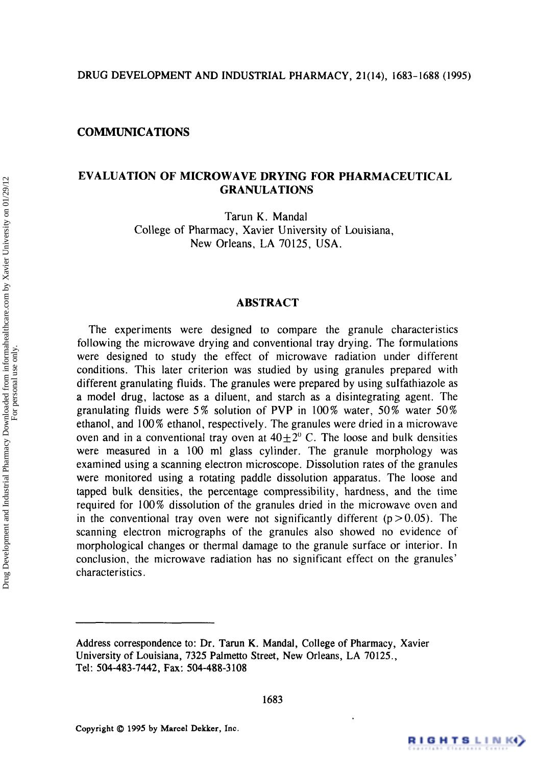 Evaluation of Microwave Drying for Pharmaceutical Granulations by Tarun K. Mandal