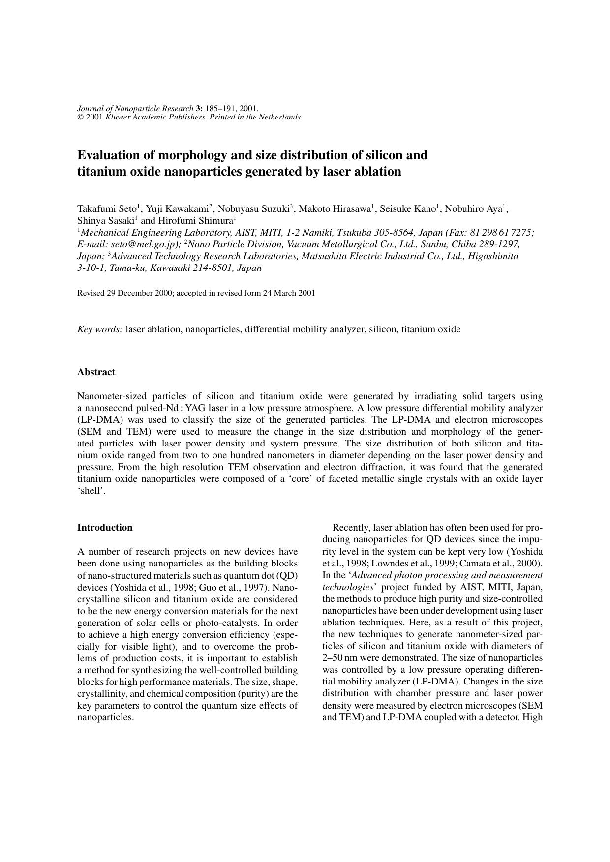 Evaluation of Morphology and Size Distribution of Silicon and Titanium Oxide Nanoparticles Generated by Laser Ablation by Unknown