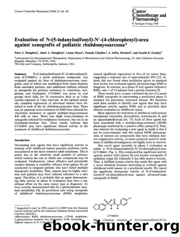 Evaluation of N-(5-indanylsulfonyl)-N′-(4-chlorophenyl)-urea against xenografts of pediatric rhabdomyosarcoma by Unknown