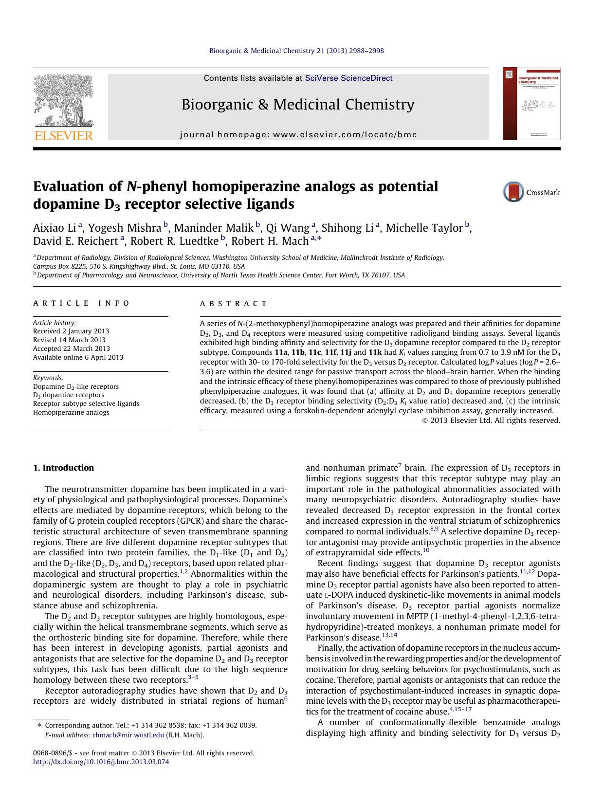 Evaluation of N-phenyl homopiperazine analogs as potential dopamine D3 receptor selective ligands by unknow