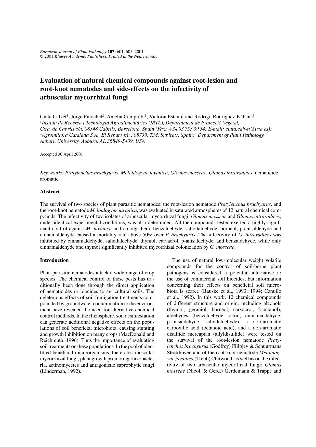 Evaluation of Natural Chemical Compounds Against Root-lesion and Root-knot Nematodes and Side-effects on the Infectivity of Arbuscular Mycorrhizal Fungi by Unknown