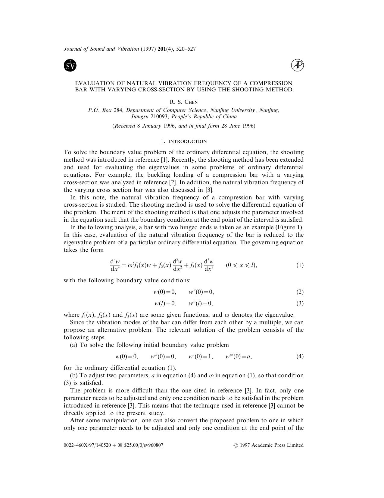 Evaluation of Natural Vibration Frequency of a Compression Bar with Varying Cross-Section by using the Shooting Method by Chen R. S