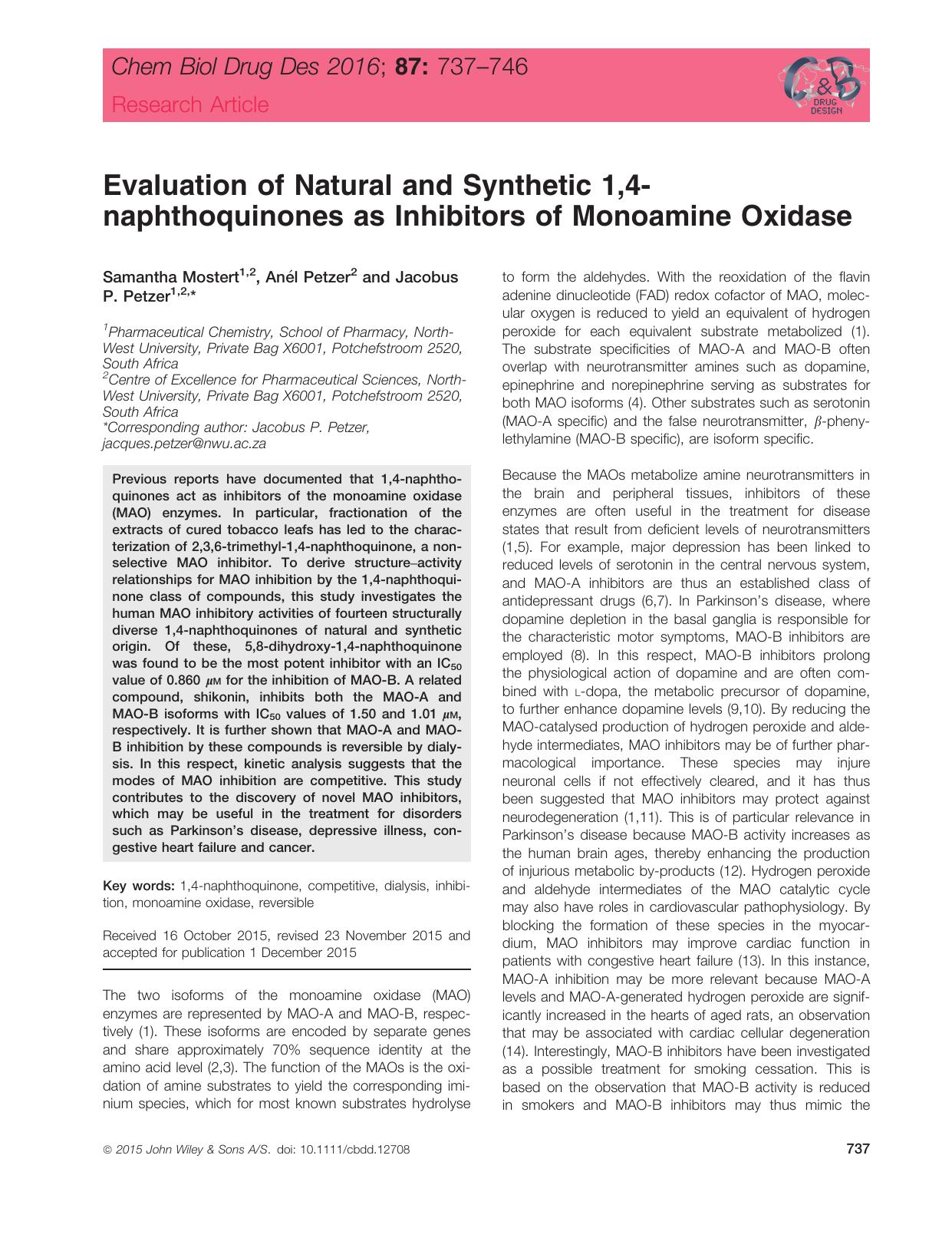 Evaluation of Natural and Synthetic 1,4‐naphthoquinones as Inhibitors of Monoamine Oxidase by unknow