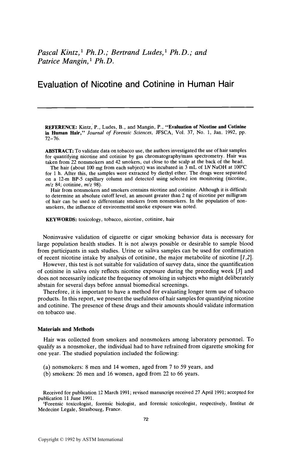 Evaluation of Nicotine and Cotinine in Human Hair by Kintz P Ludes B Mangin P