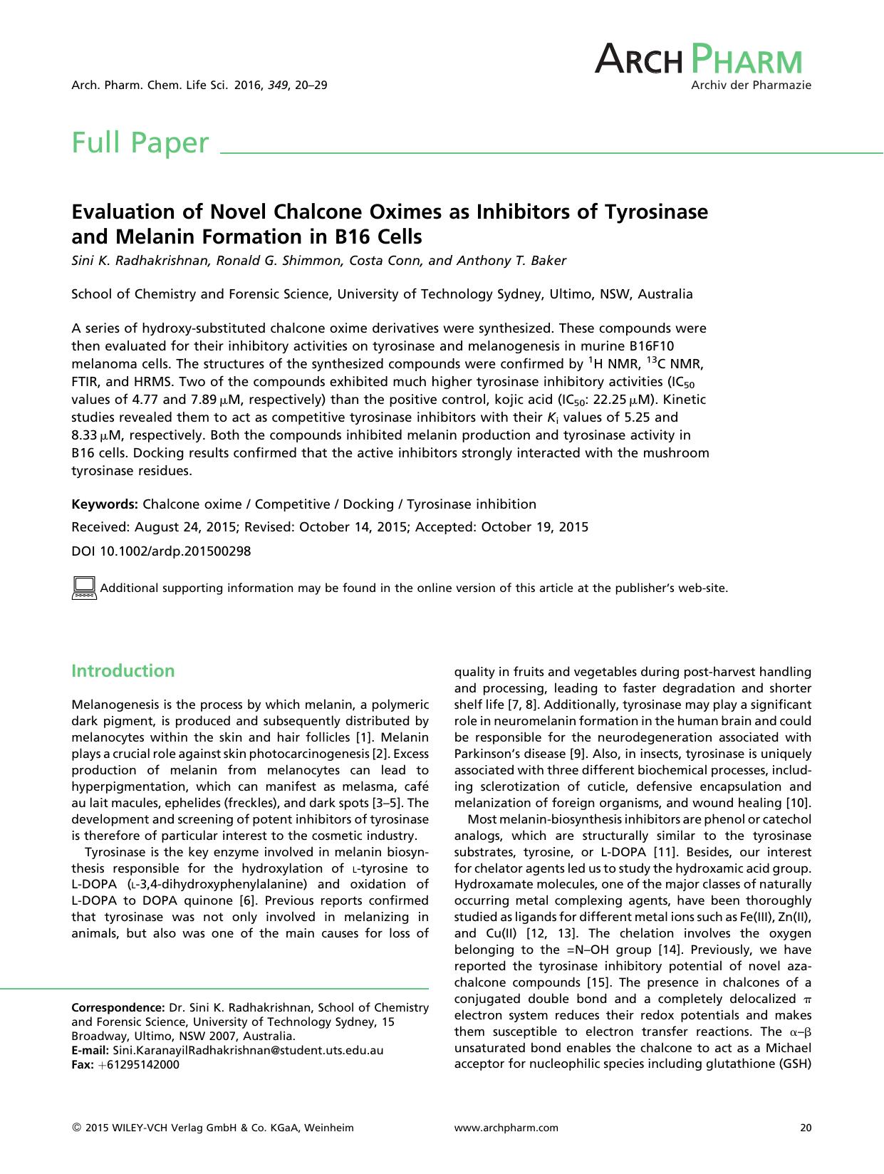 Evaluation of Novel Chalcone Oximes as Inhibitors of Tyrosinase and Melanin Formation in B16 Cells by Unknown