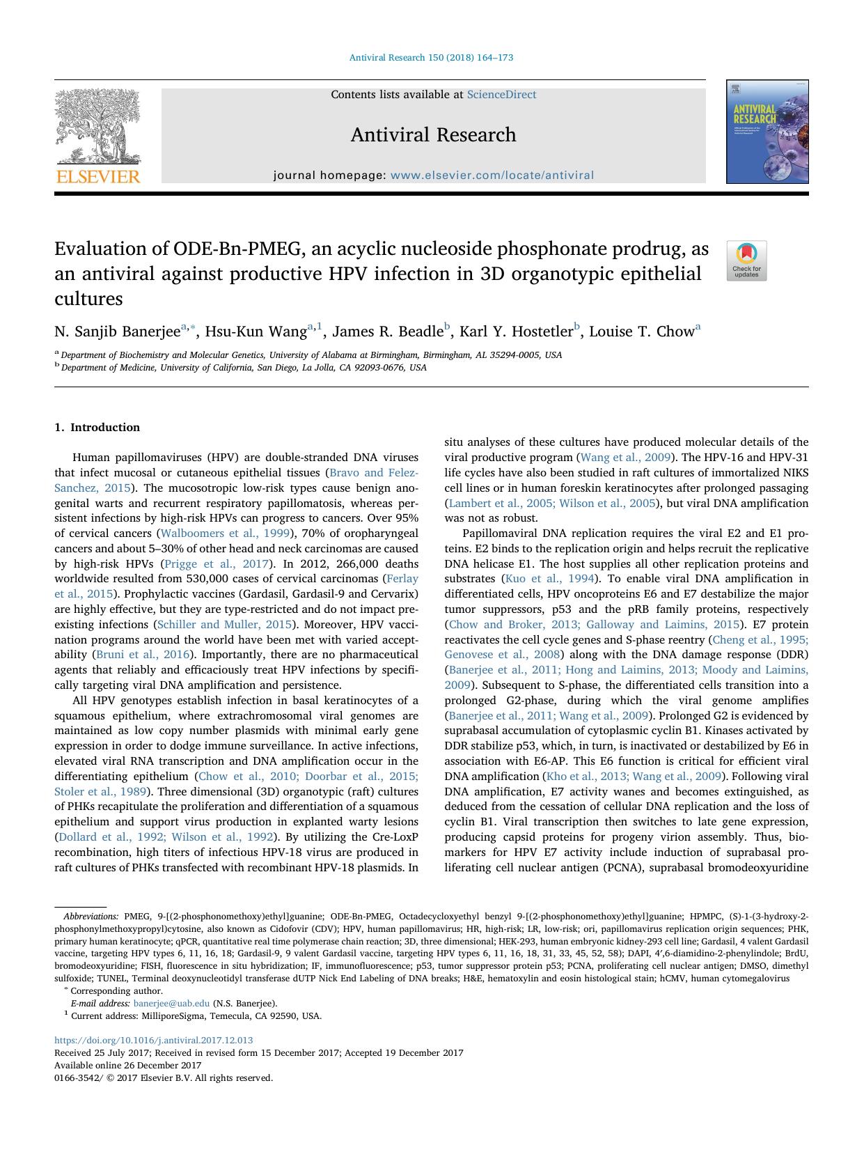 Evaluation of ODE-Bn-PMEG, an acyclic nucleoside phosphonate prodrug, as an antiviral against productive HPV infection in 3D organotypic epithelial cultures by N. Sanjib Banerjee & Hsu-Kun Wang & James R. Beadle & Karl Y. Hostetler & Louise T. Chow