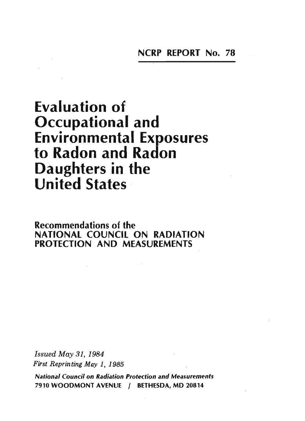 Evaluation of Occupational and Environmental Exposures to Radon and Radon Daughters in the United States (N C R P Report) by National Council on Radiation Protection and Measurements