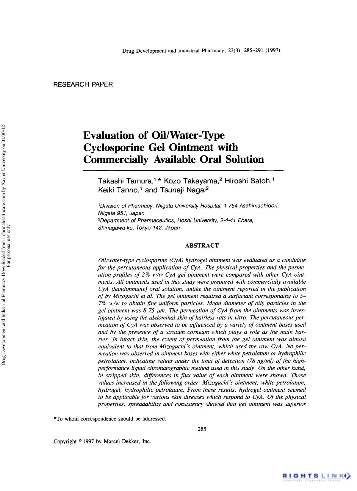 Evaluation of OilWater-Type Cyclosporine Gel Ointment with Commercially Available Oral Solution by Takashi Tamura Kozo Takayama Hiroshi Satoh Keiki Tanno & Tsuneji Nagai