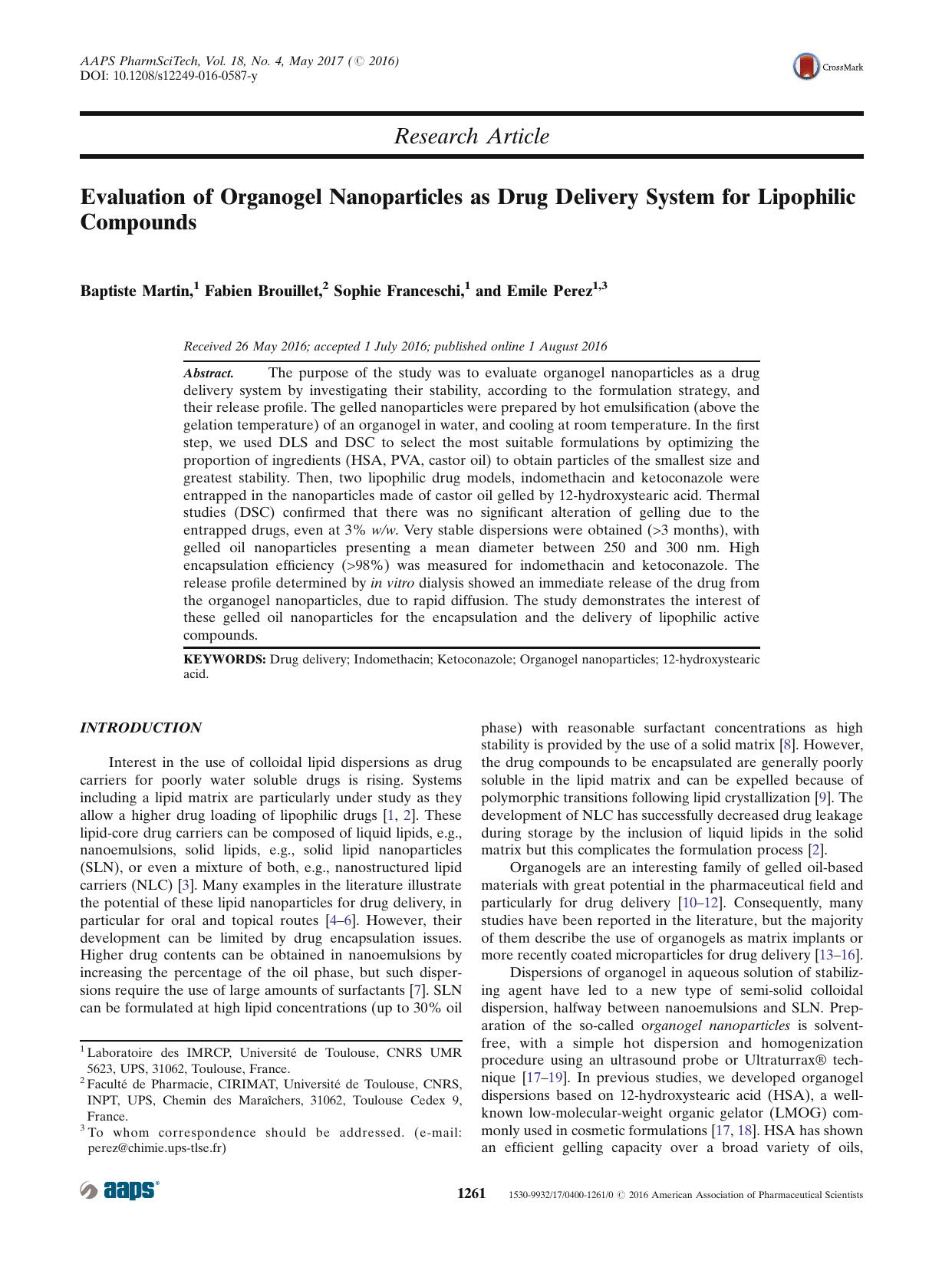 Evaluation of Organogel Nanoparticles as Drug Delivery System for Lipophilic Compounds by Baptiste Martin & Fabien Brouillet & Sophie Franceschi & Emile Perez