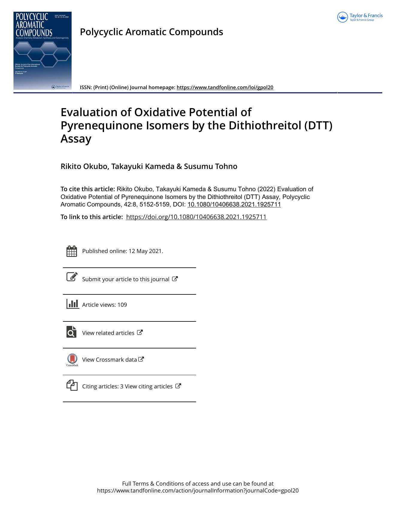 Evaluation of Oxidative Potential of Pyrenequinone Isomers by the Dithiothreitol (DTT) Assay by Okubo Rikito & Kameda Takayuki & Tohno Susumu