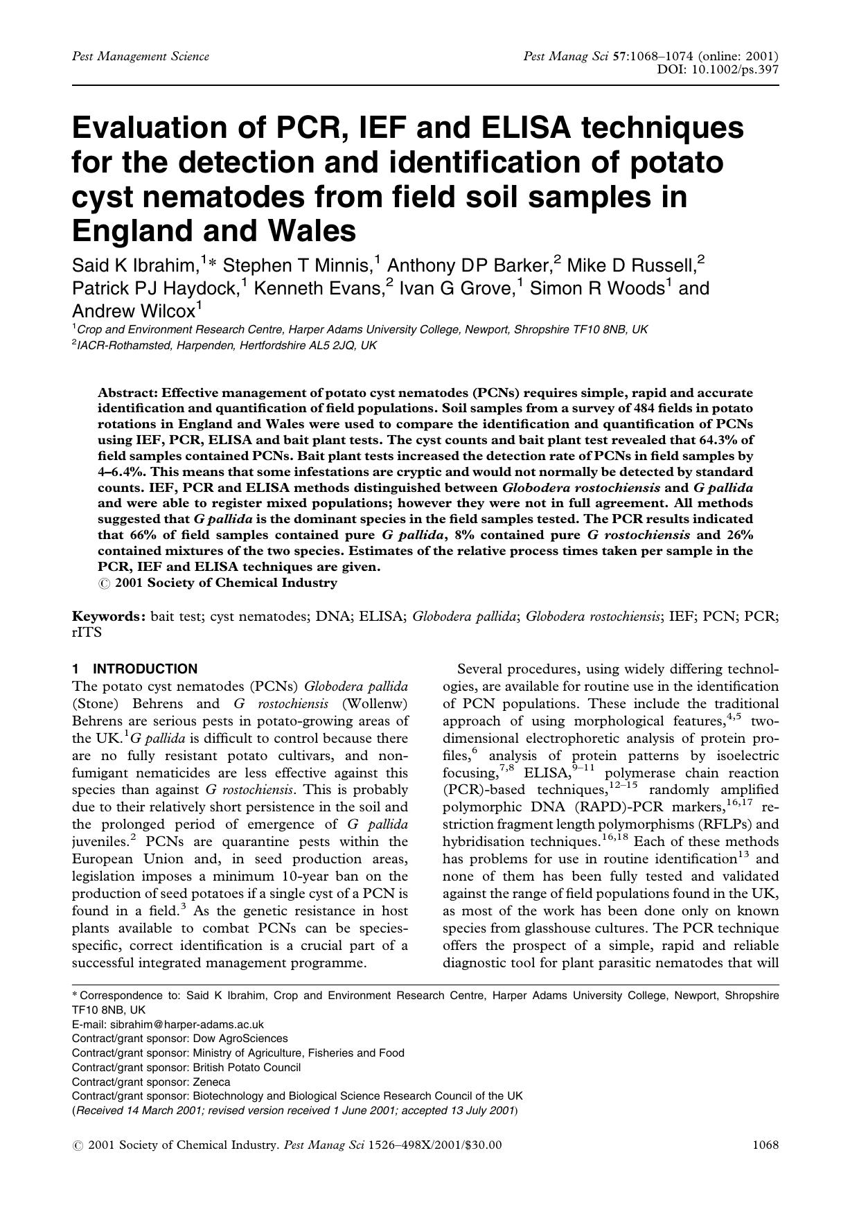 Evaluation of PCR, IEF and ELISA techniques for the detection and identification of potato cyst nematodes from field soil samples in England and Wales by Unknown