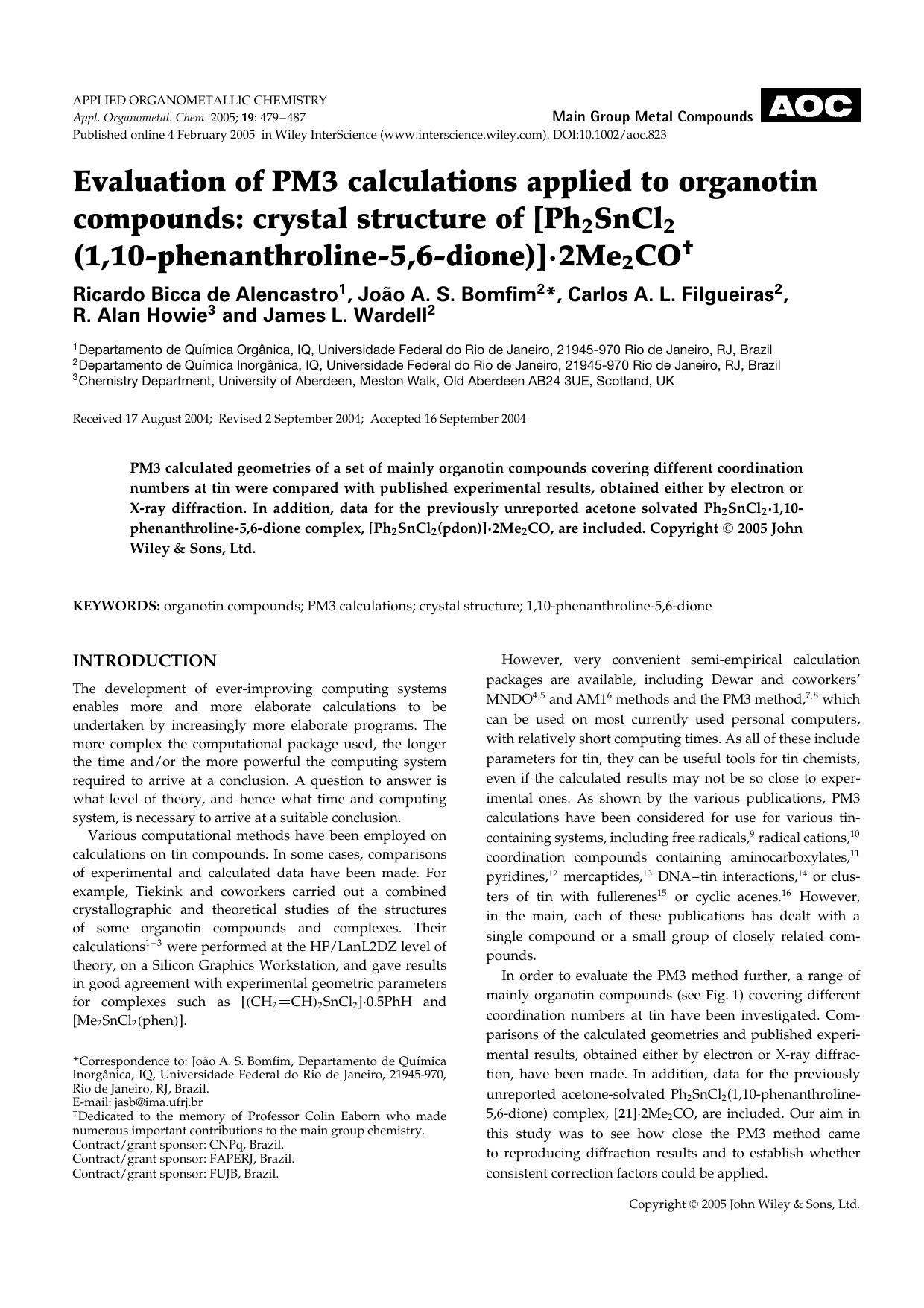 Evaluation of PM3 calculations applied to organotin compounds: crystal structure of [Ph2SnCl2 (1,10-phenanthroline-5,6-dione)]Â·2Me2CO by Unknown
