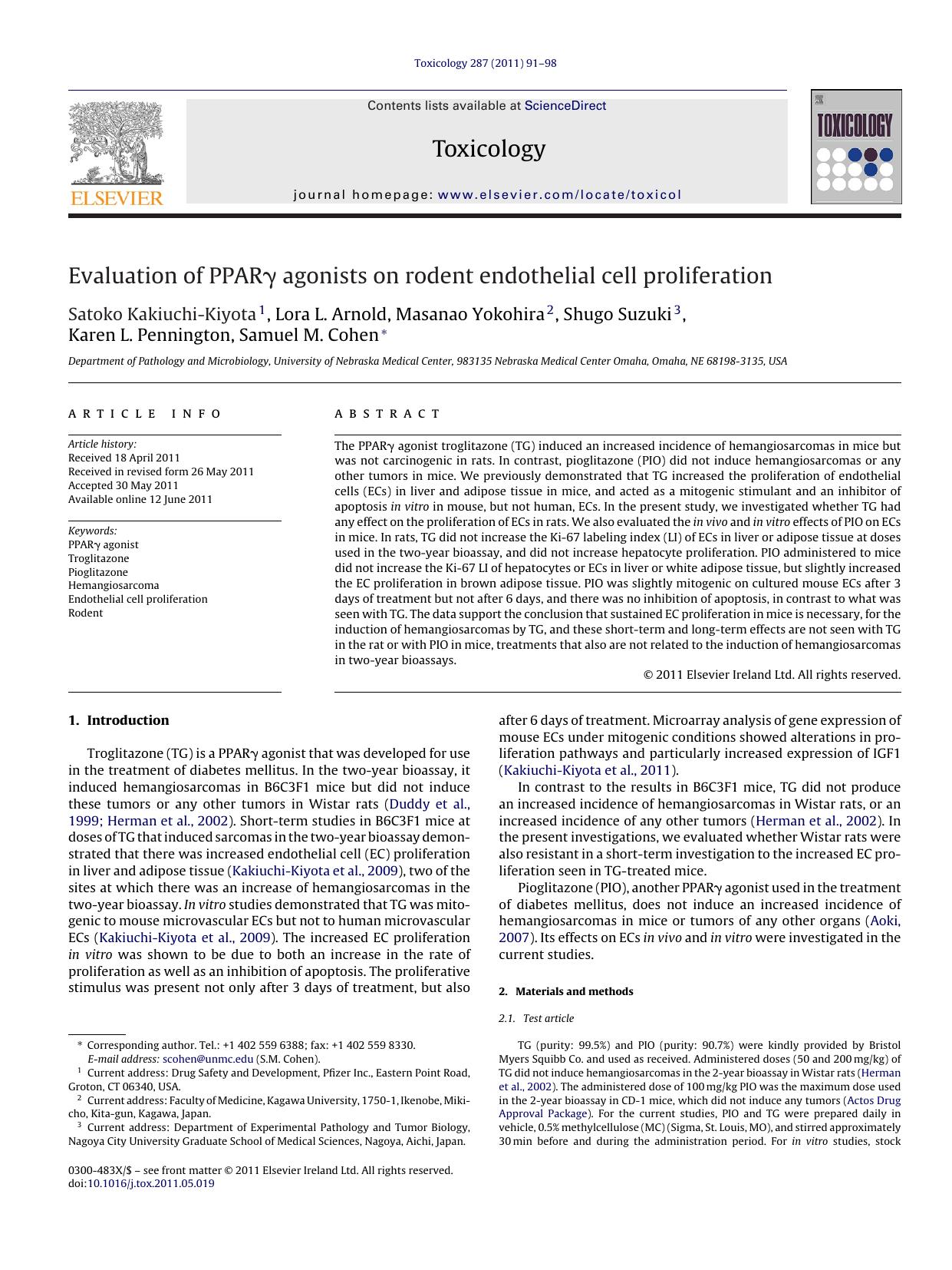 Evaluation of PPARÎ³ agonists on rodent endothelial cell proliferation by Satoko Kakiuchi-Kiyota