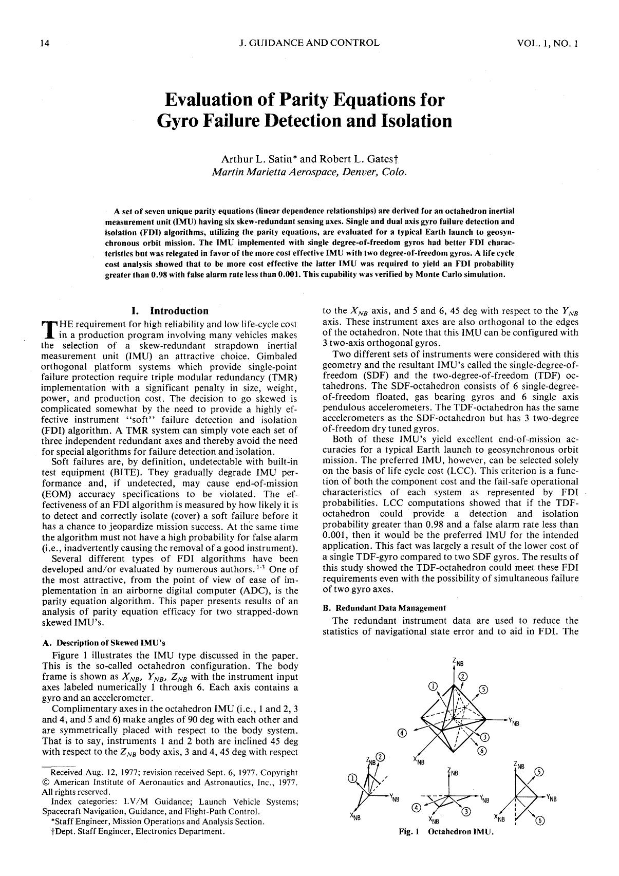 Evaluation of Parity Equations for Gyro Failure Detection and Isolation by Unknown