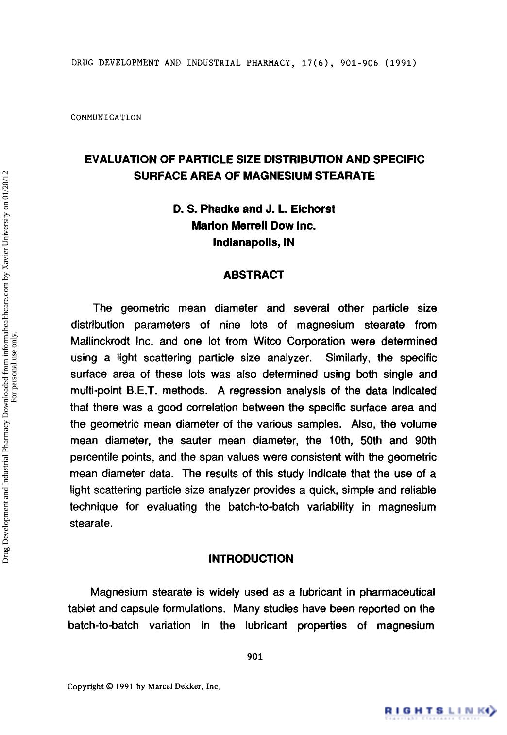 Evaluation of Particle Size Distribution and Specific Surface Area of Magnesium Stearate by D. S. Phadke & J. L. Eichorst