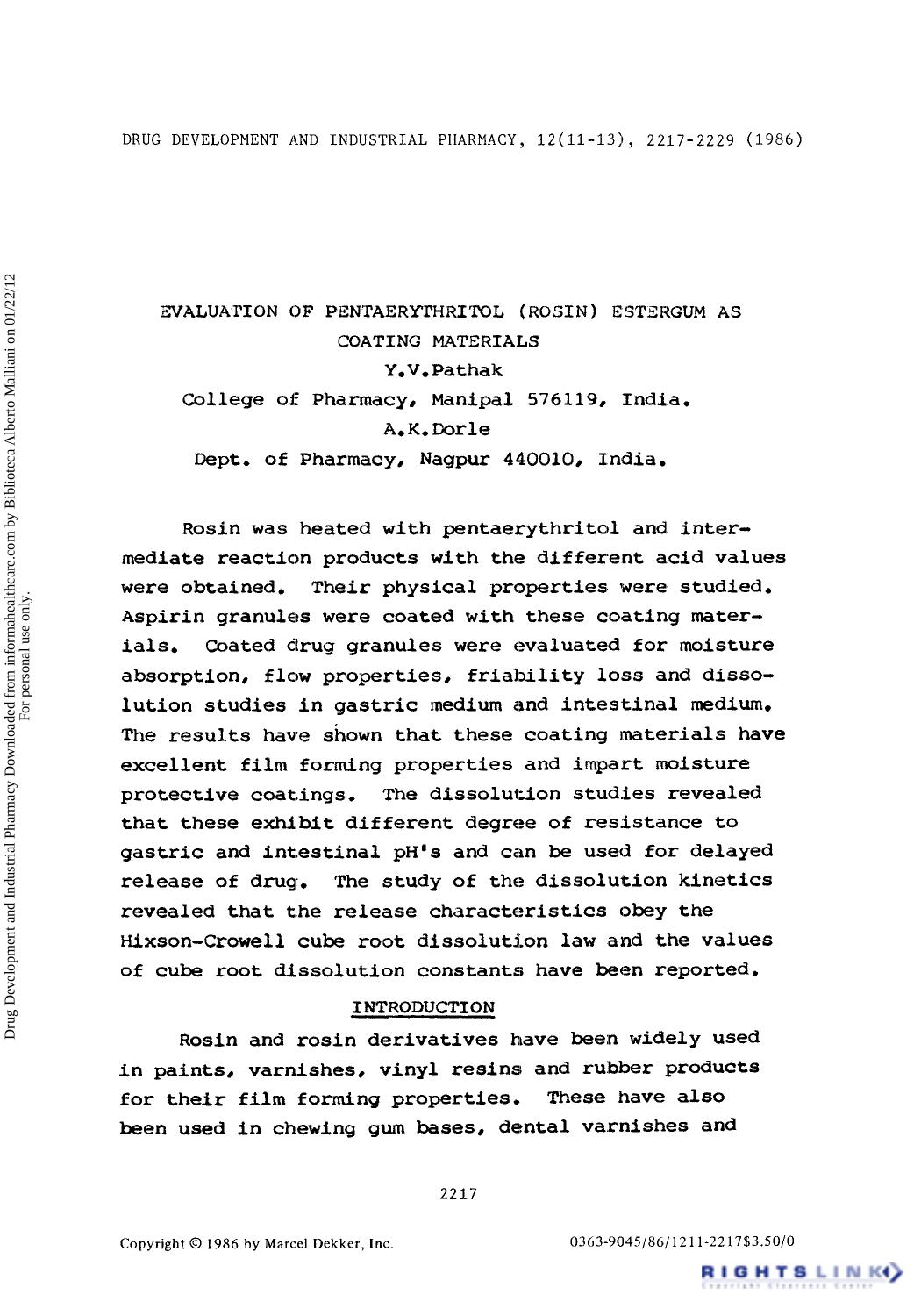 Evaluation of Pentaerythritol (Rosin) Estergum as Coating Materials by Y. V. Pathak & A. K. Dorle