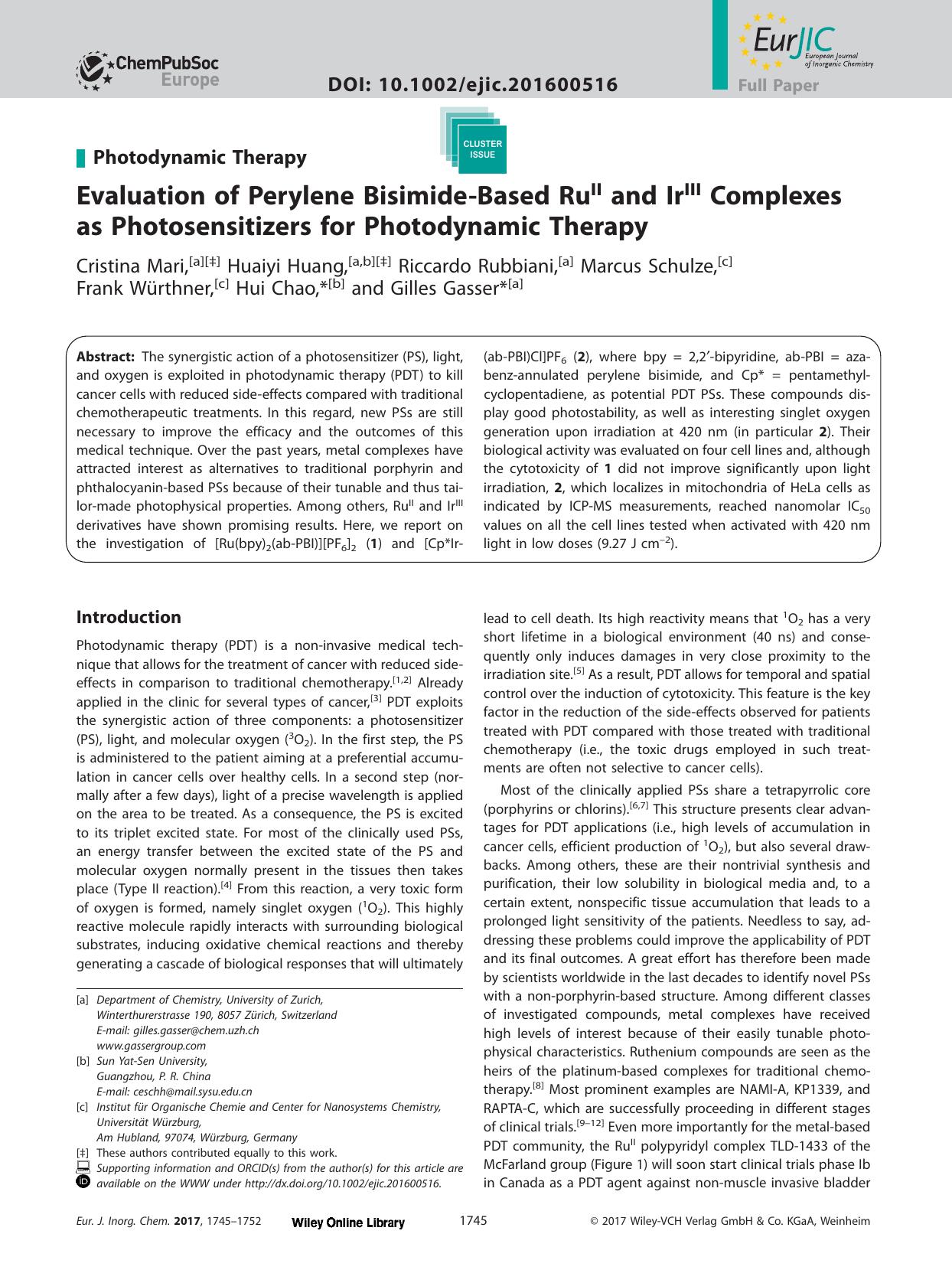 Evaluation of Perylene Bisimide‐Based Ru<sup>II<sup> and Ir<sup>III<sup> Complexes as Photosensitizers for Photodynamic Therapy by Unknown