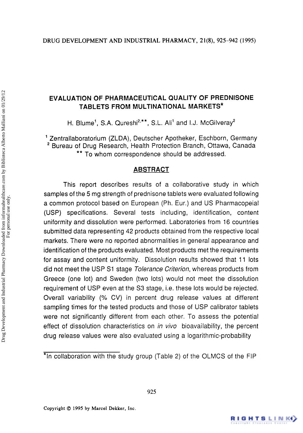 Evaluation of Pharmaceutical Quality of Prednisone Tablets from Multinational Market by H. Blume S. A. Qureshi S. L. Ali & I. J. McGilveray