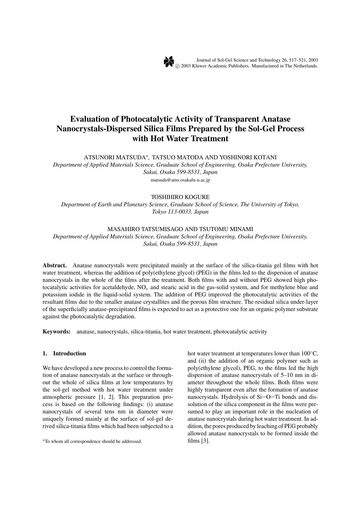 Evaluation of Photocatalytic Activity of Transparent Anatase Nanocrystals-Dispersed Silica Films Prepared by the Sol-Gel Process with Hot Water Treatment by Unknown