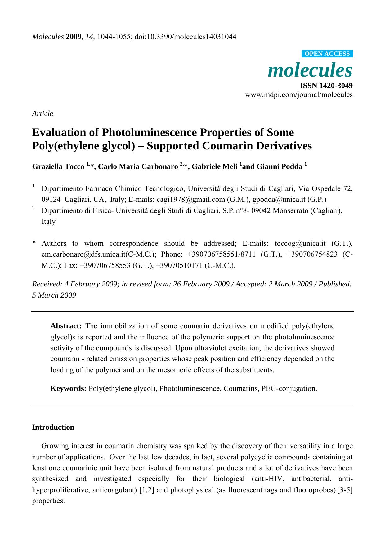Evaluation of Photoluminescence Properties of Some Poly(ethylene glycol) â Supported Coumarin Derivatives by Graziella Tocco & Carlo Maria Carbonaro & Gabriele Meli & Gianni Podda