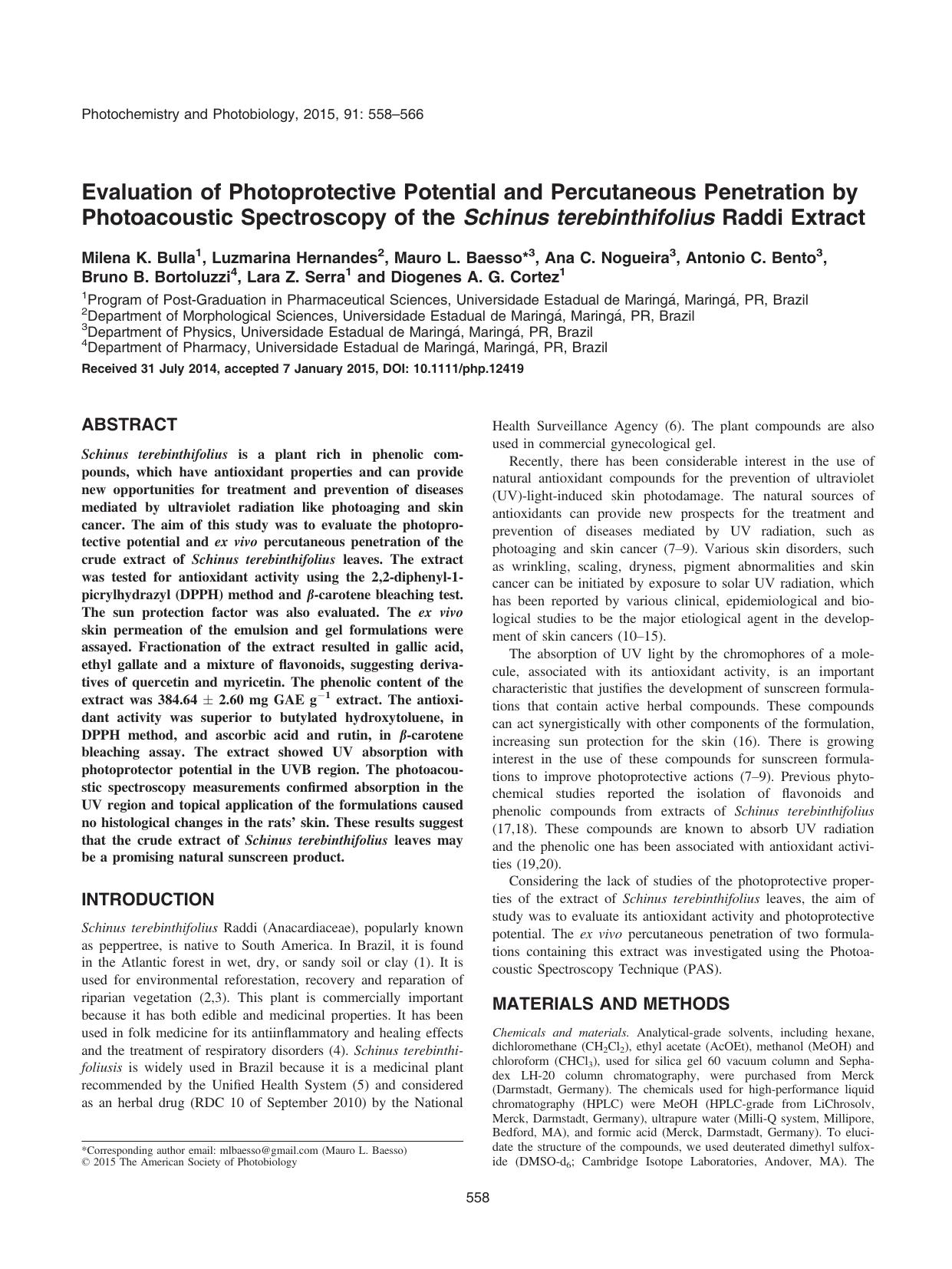 Evaluation of Photoprotective Potential and Percutaneous Penetration by Photoacoustic Spectroscopy of the Schinus terebinthifolius Raddi Extract by Unknown