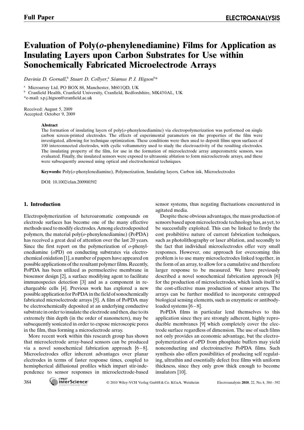 Evaluation of Poly(o-phenylenediamine) Films for Application as Insulating Layers upon Carbon Substrates for Use within Sonochemically Fabricated Microelectrode Arrays by Unknown