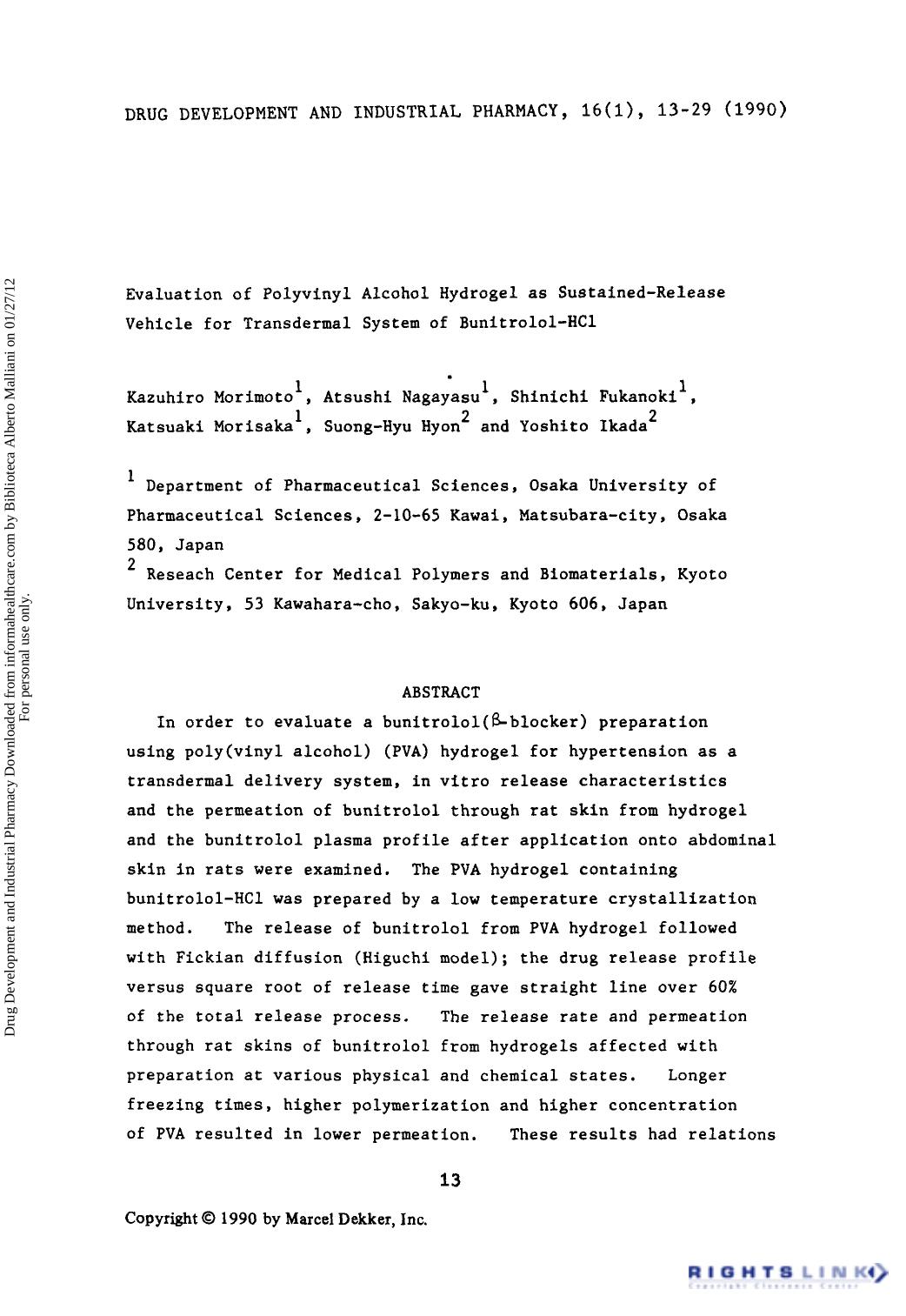 Evaluation of Polyvinyl Alcohol Hydrogel as Sustained-Release Vehicle for Transdermal Sytem of Bunitrolol-HCL by unknow