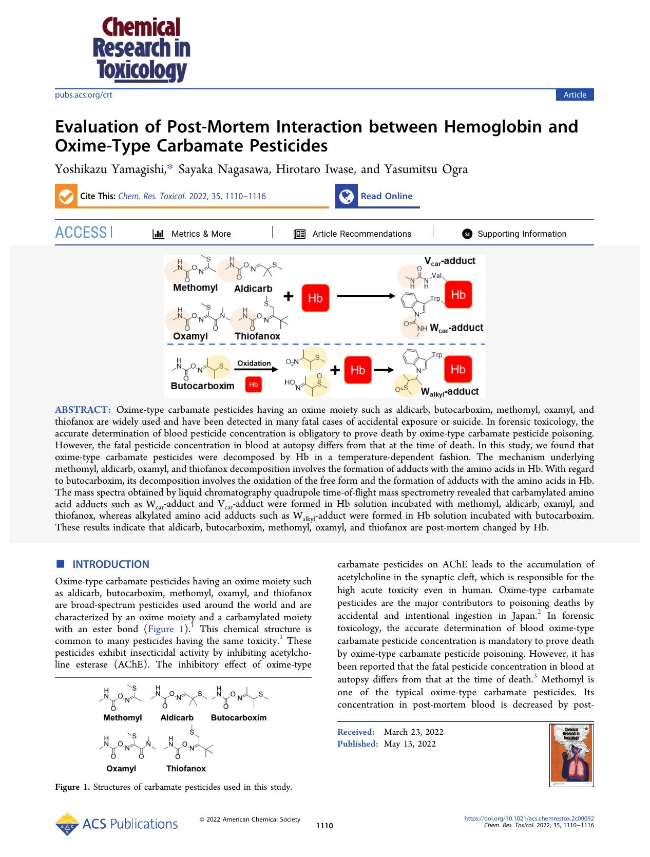 Evaluation of Post-Mortem Interaction between Hemoglobin and Oxime-Type Carbamate Pesticides by Yoshikazu Yamagishi Sayaka Nagasawa Hirotaro Iwase and Yasumitsu Ogra