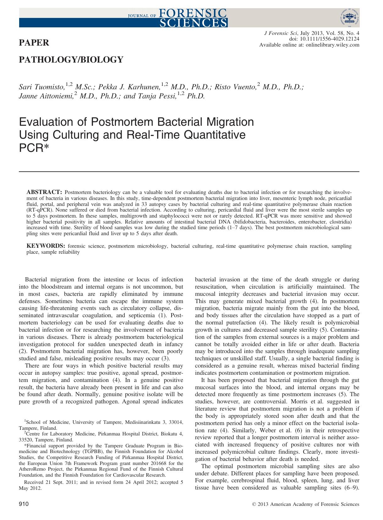 Evaluation of Postmortem Bacterial Migration Using Culturing and RealTime Quantitative PCR by Unknown