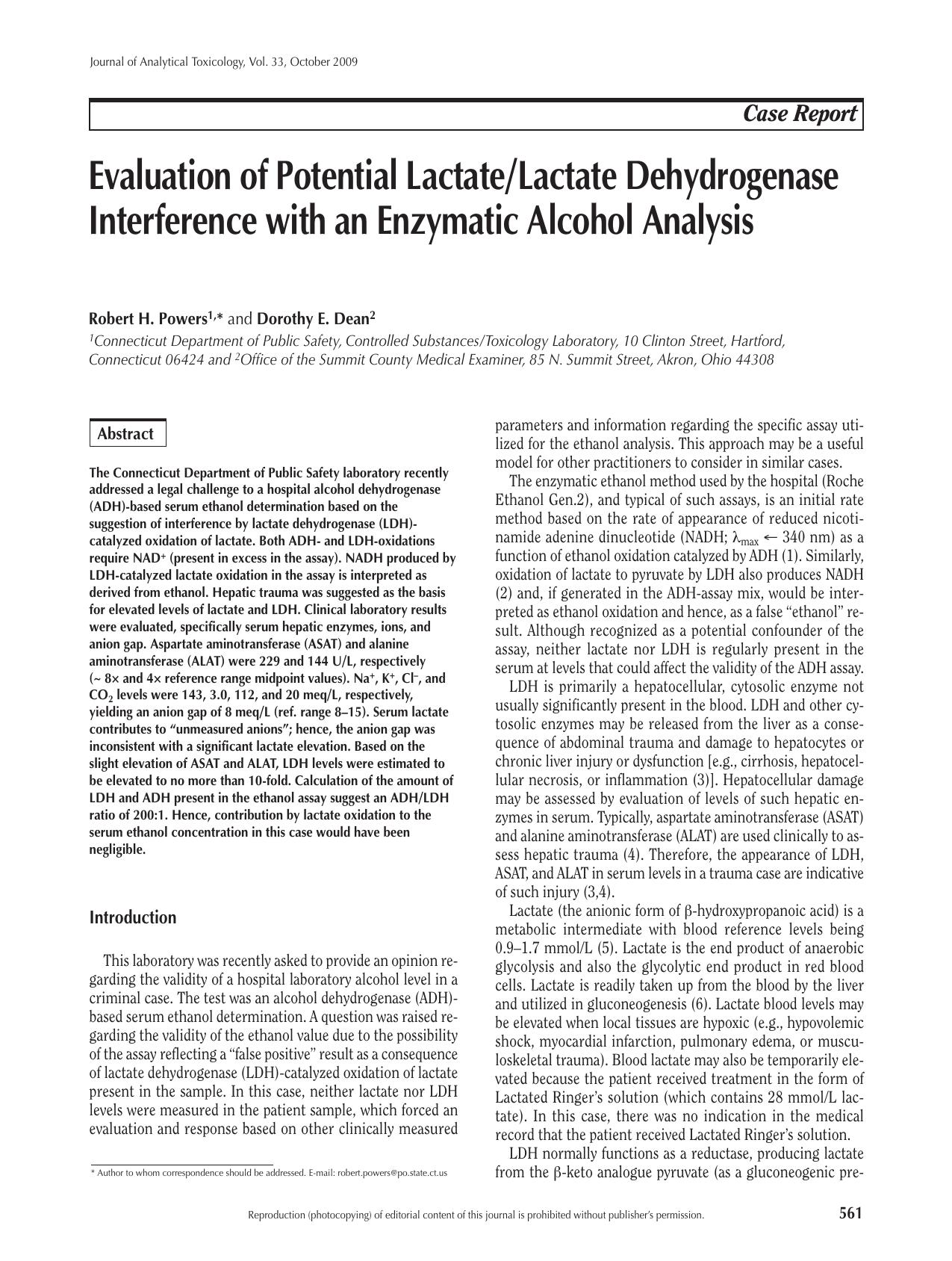 Evaluation of Potential LactateLactate Dehydrogenase Interfere by Robert H. Powers