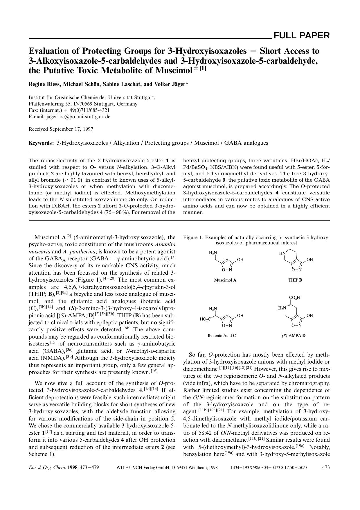 Evaluation of Protecting Groups for 3-Hydroxyisoxazoles [minus] Short Access to 3-Alkoxyisoxazole-5-carbaldehydes and 3-Hydroxyisoxazole-5-carbaldehyde, the Putative Toxic Metabolite of Muscimol by Unknown